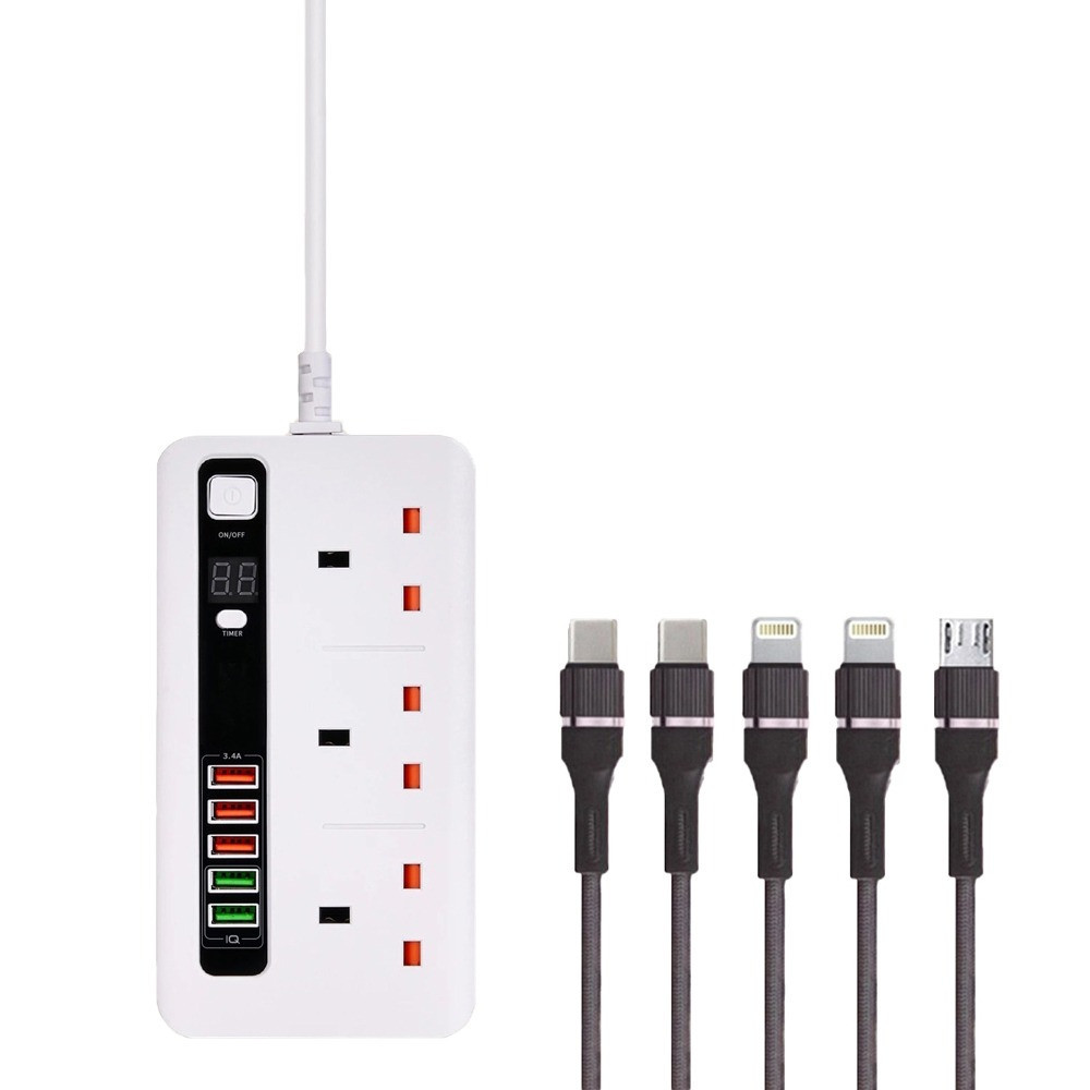 3 meter smart electrical plug with a timer and 5 cables that support fast charging