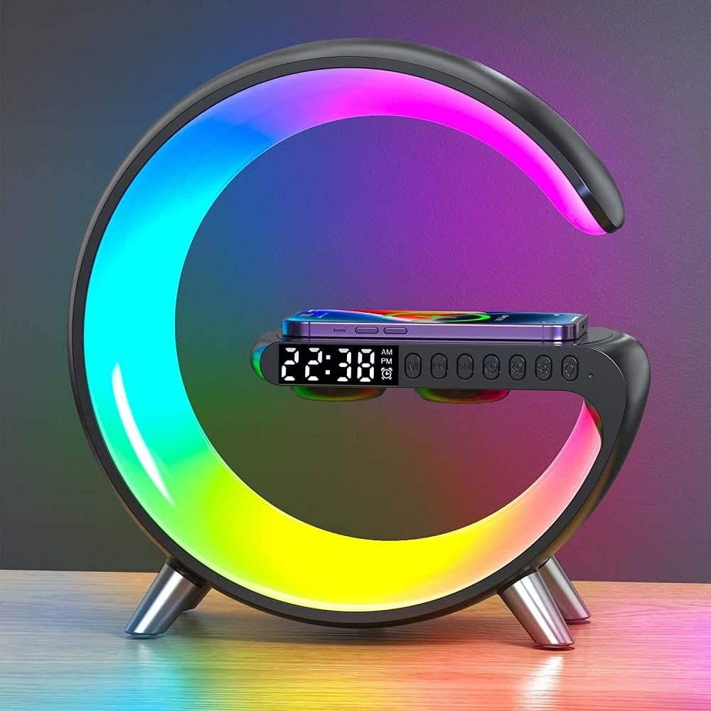 Wireless charger And Smart Table Lamp - Rhythm RGB Light Bar Dimmable Atmosphere Lamp with Music Sync, Wireless Charger Bluetooth Speaker with Bedside Night Light Wake Up Light Desk Lamp, APP Control