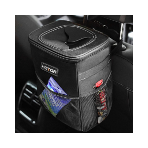 HOTOR Car Trash Can with Lid and Storage Pockets, 100% Leak-Proof Car Organizer, Waterproof Car Garbage Can, Multipurpose Trash Bin for Car - Black