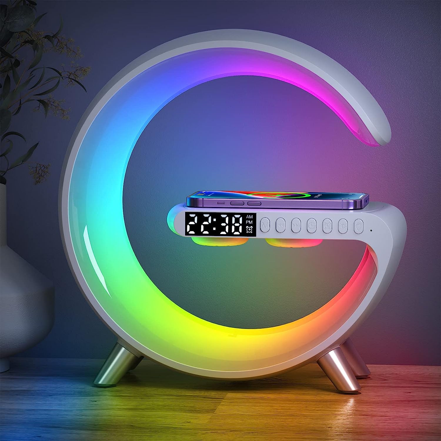 Wireless Charger Intelligent Atmosphere Lamp, Sunrise Simulation Alarm Clock Wake Up Light LED Music Bedside Table Desk Lamp Night Light for Home Bedroom Living Room Decor Gift (White)