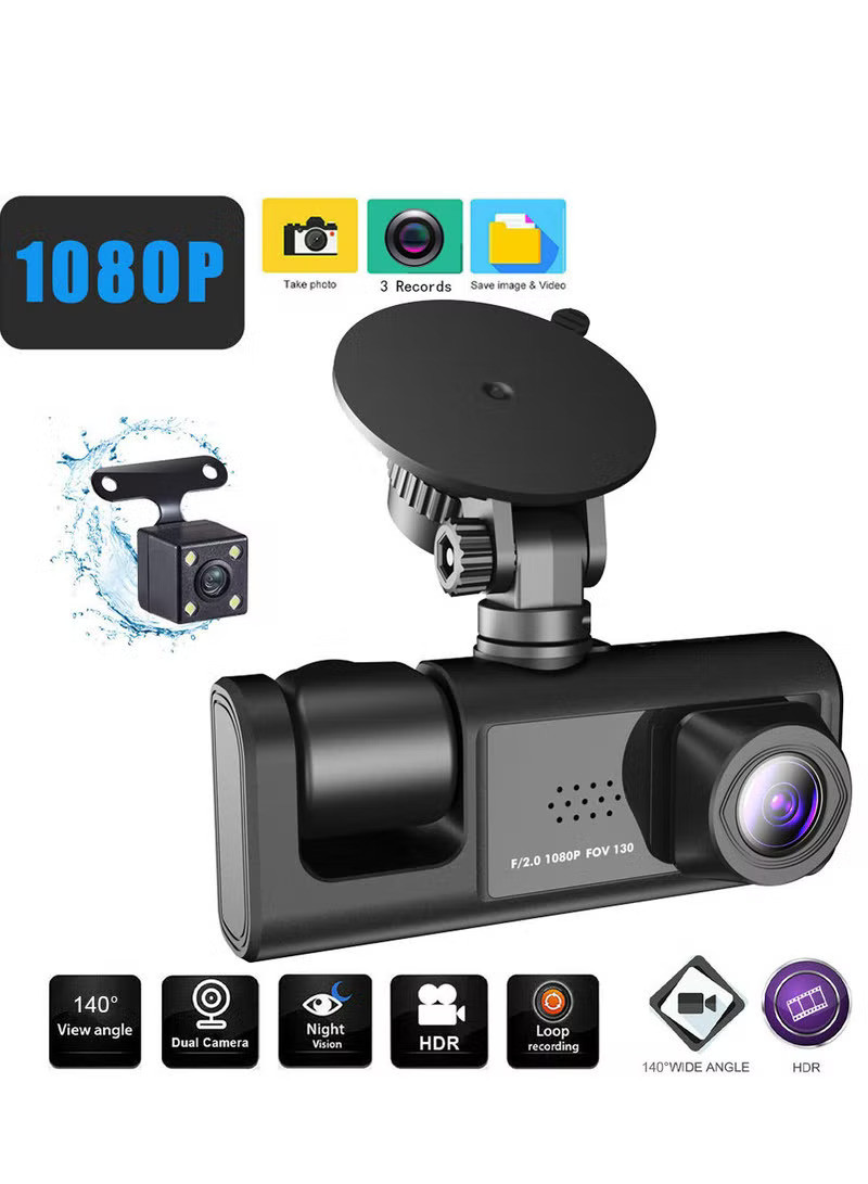 1080P DVR Dash Camera Front & Inside & Rear Camera Driving Recorder 2 Inch Screen Dashcam Support Night-Vision Loop Recording One-Key Lock